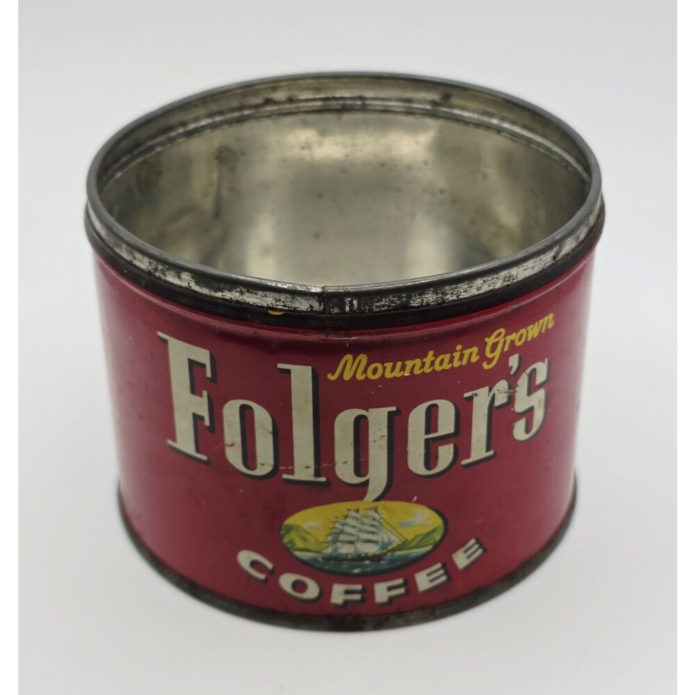 Antique 1950s Folger’s Coffee Tin Mountain Grown Vintage Patina Collectible